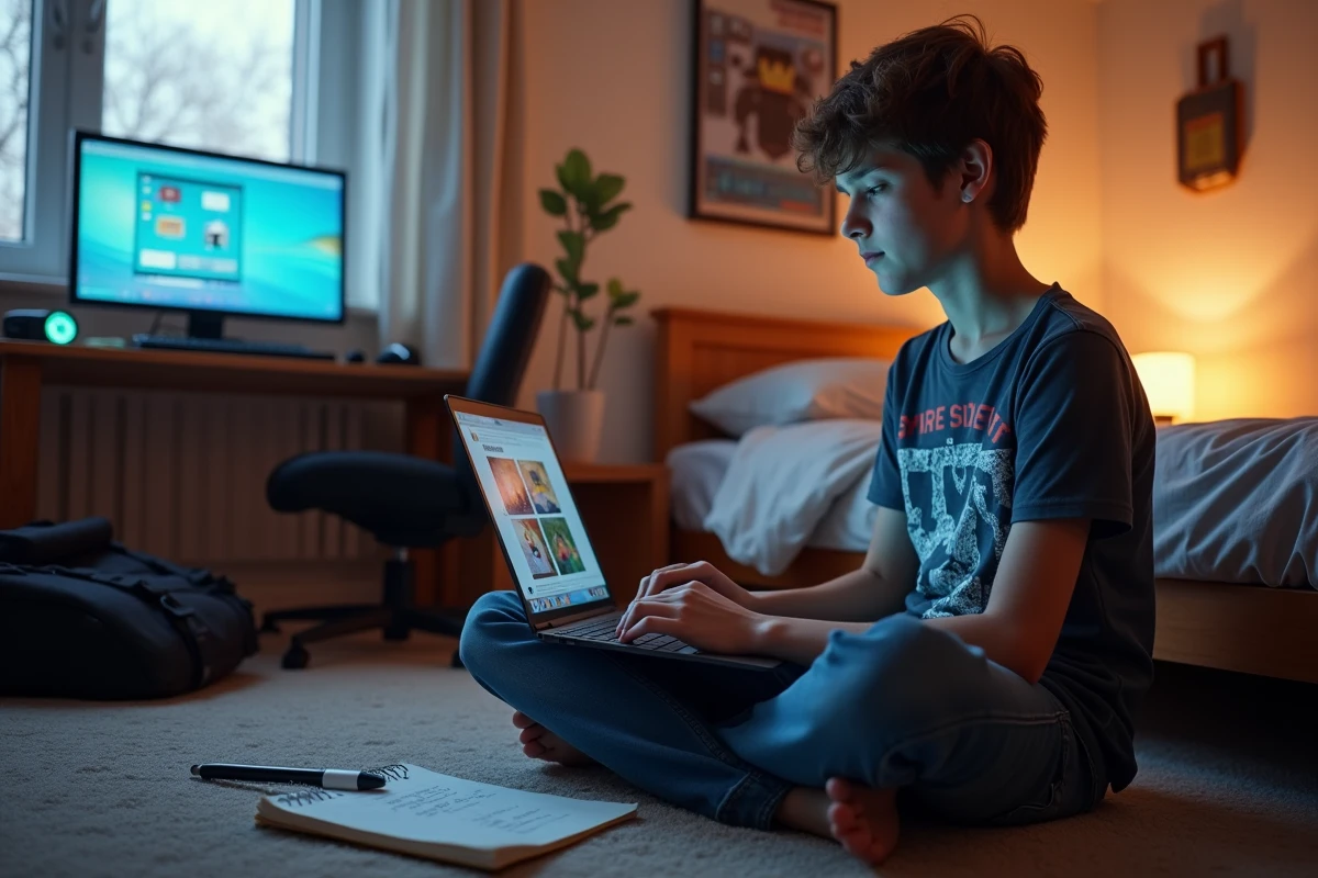 Adolescent gérant un serveur Minecraft gratuit sur laptop dans sa chambre avec panneau d'administration ouvert