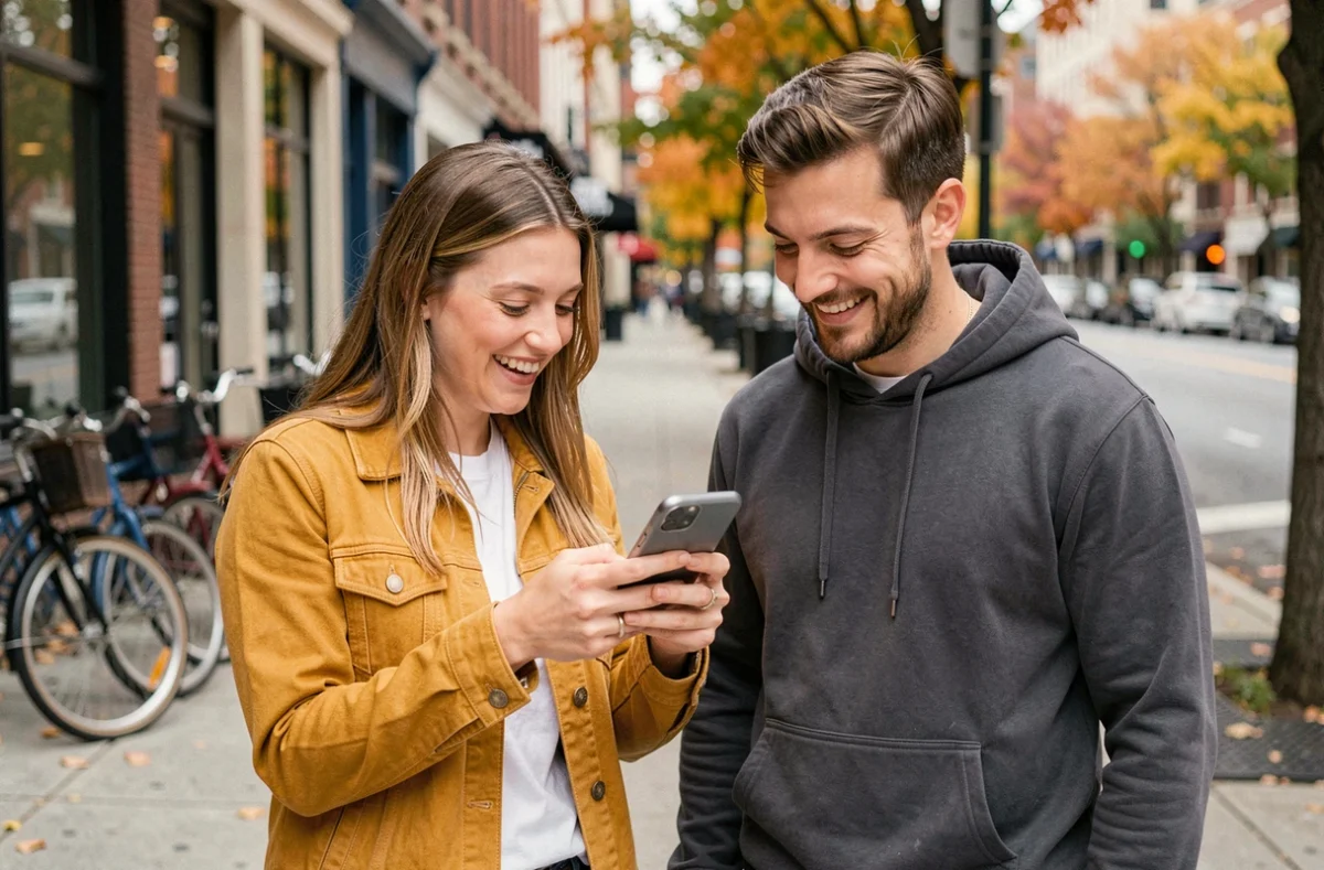 Deux amis dans la rue découvrant comment attribuer une sonnerie musicale personnalisée à un contact iPhone