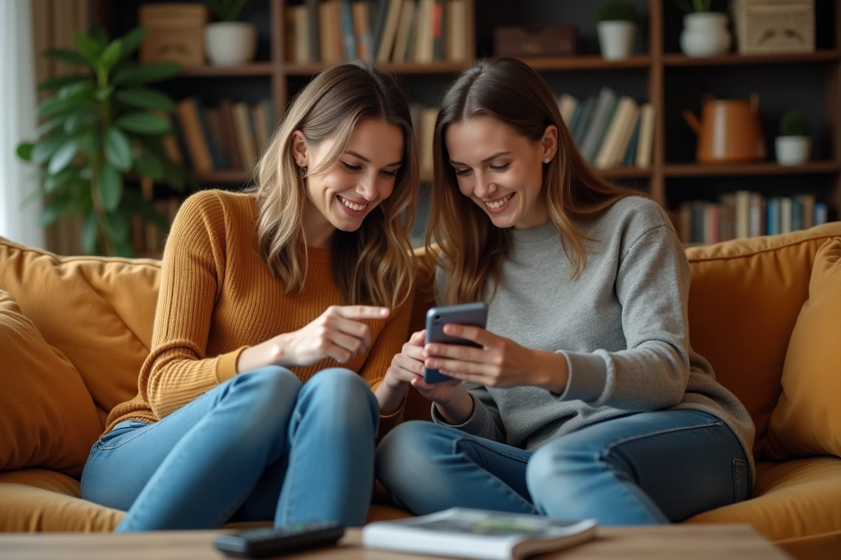 Deux amis partageant une astuce WhatsApp pour écrire en italique sur smartphone dans un salon convivial