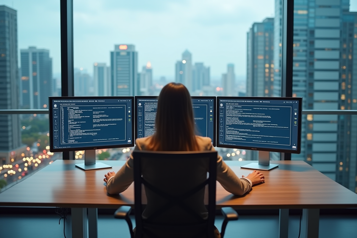 Jeune analyste cybersécurite au bureau avec ecrans