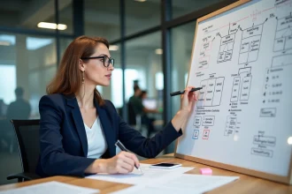 Femme analyste de données annotant un diagramme entité-association sur un tableau blanc dans un bureau moderne, illustrant la normalisation de base de données MCD/MLD