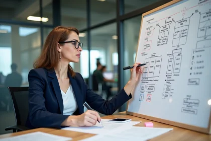 Femme analyste de données annotant un diagramme entité-association sur un tableau blanc dans un bureau moderne, illustrant la normalisation de base de données MCD/MLD
