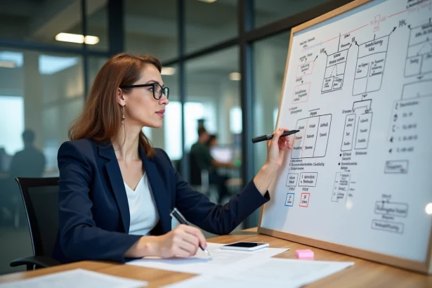 Femme analyste de données annotant un diagramme entité-association sur un tableau blanc dans un bureau moderne, illustrant la normalisation de base de données MCD/MLD
