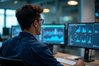 Jeune homme concentré surveillant des écrans de réseau