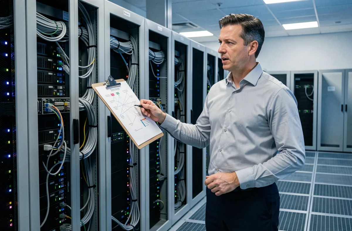 Consultant informatique d'APS Solutions Informatiques dans une salle serveur professionnelle dans l'Hérault