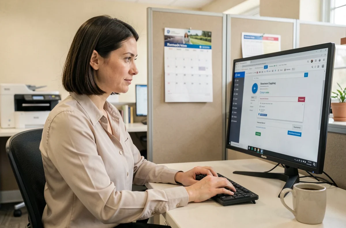 Assistante administrative consultant sa messagerie académique Webmail49 dans un bureau scolaire