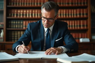 Avocat en costume marine examinant des documents juridiques sur un bureau en bois dans un cabinet d'avocat traditionnel