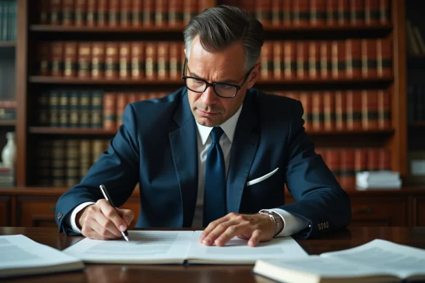 Avocat en costume marine examinant des documents juridiques sur un bureau en bois dans un cabinet d'avocat traditionnel