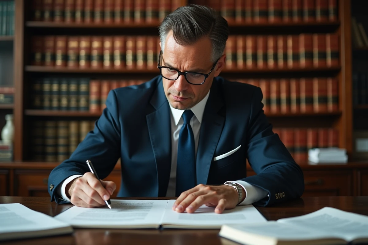 Avocat en costume marine examinant des documents juridiques sur un bureau en bois dans un cabinet d'avocat traditionnel