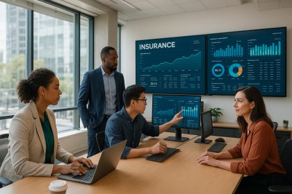Photo d un bureau d assurance moderne avec équipe diverse analysant des écrans