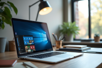 Bureau moderne avec ordinateur portable affichant Windows 10