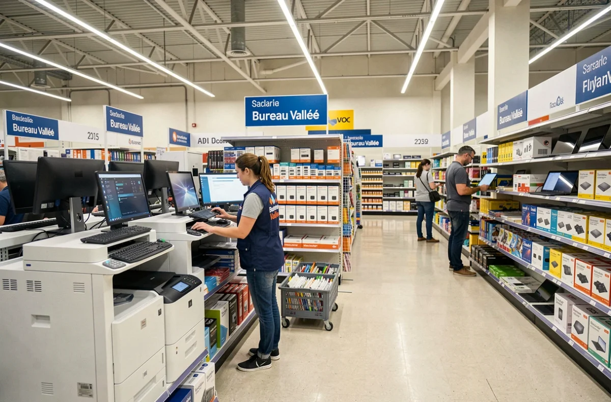 Magasin Bureau Vallée Aix Pioline avec rayons fournitures de bureau et équipements informatiques