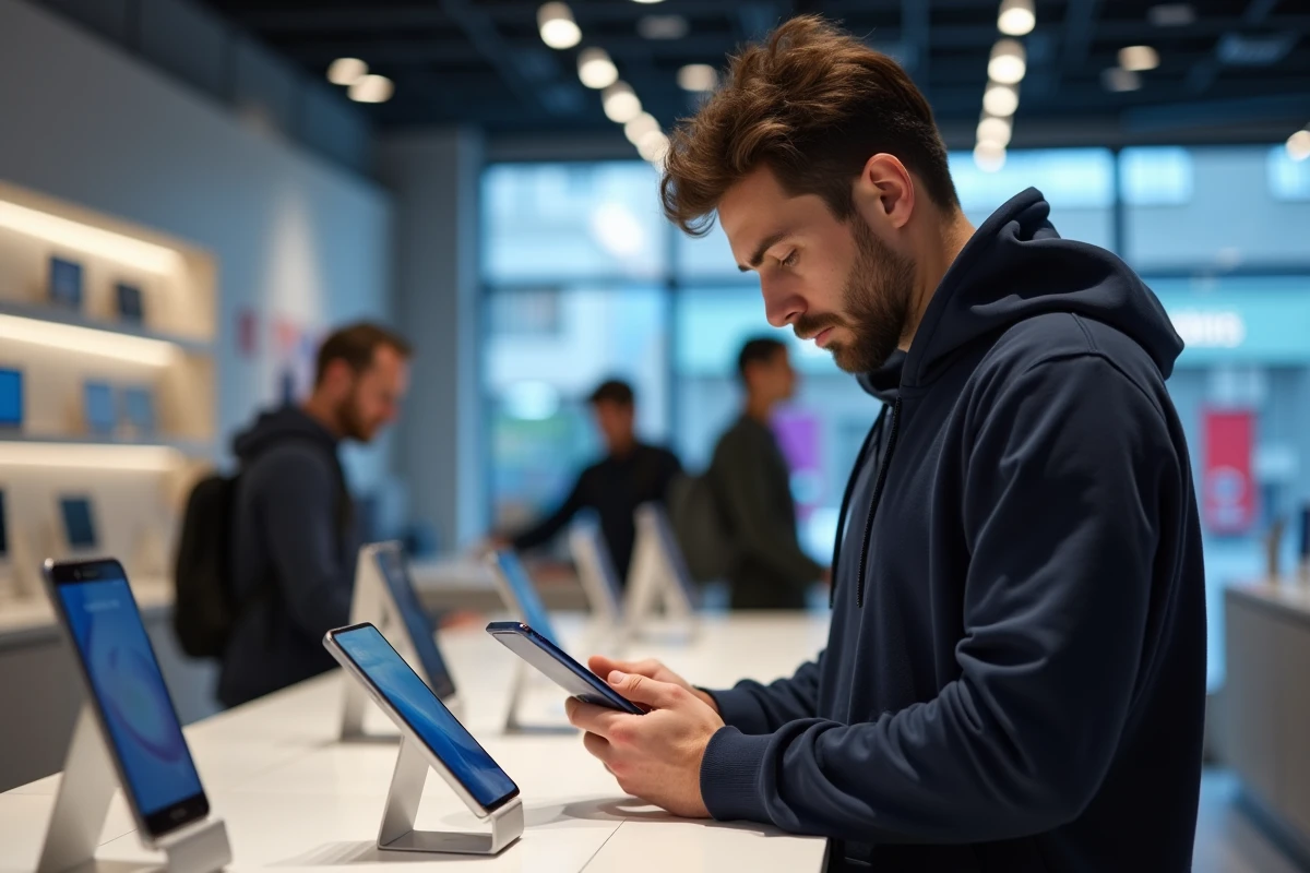 Homme examinant un smartphone Google Pixel en magasin face à un Samsung Galaxy dans un rayon électronique