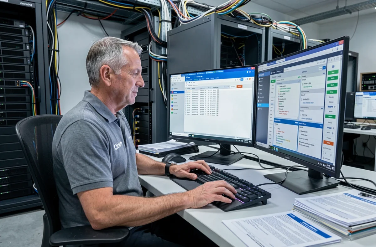 Technicien Cidem analysant des diagnostics réseau sur plusieurs écrans dans un atelier informatique professionnel