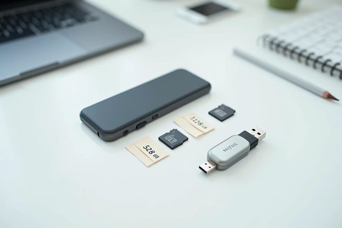 Clé USB, carte microSD et smartphone posés sur un bureau blanc avec des étiquettes indiquant leur capacité de stockage en Go et GB
