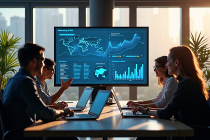 Groupe de jeunes professionnels collaborant autour d'une table avec écran SEO