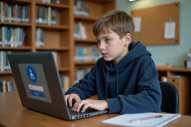 Collégien de 14 ans connecté au portail Oze 92 depuis un ordinateur portable dans une bibliothèque scolaire