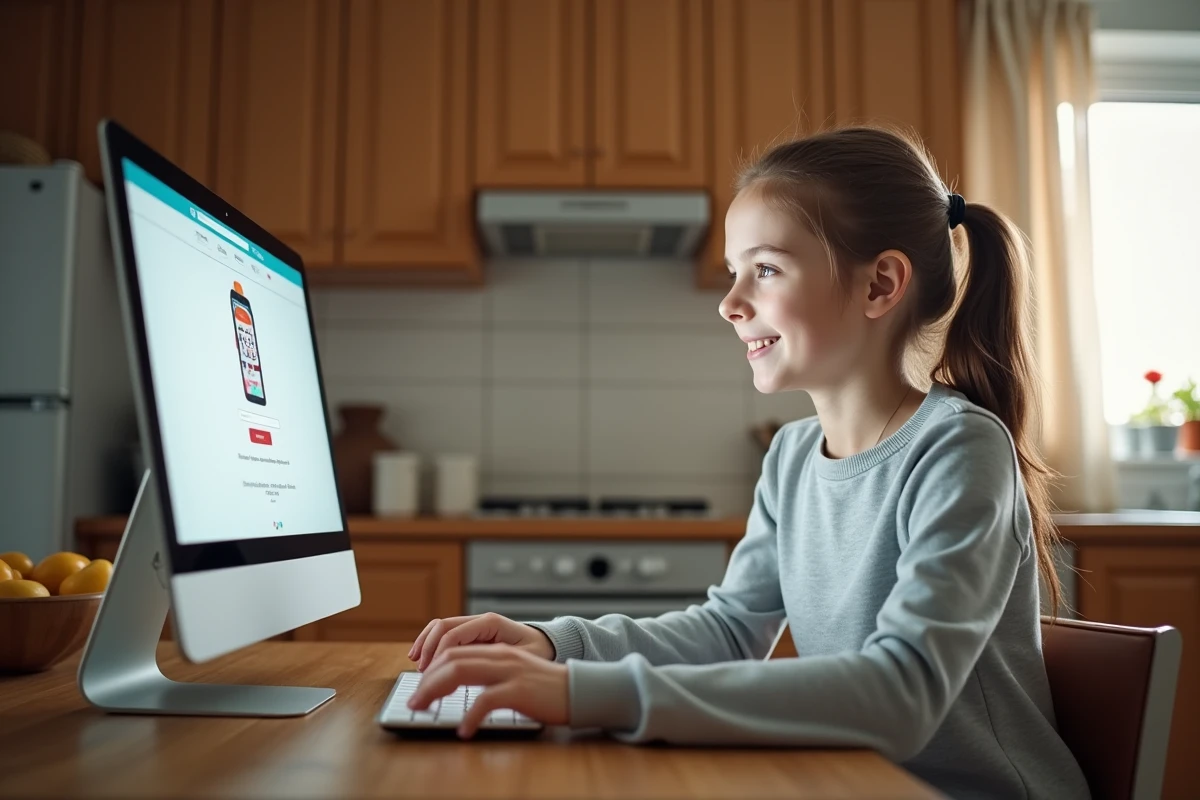 Collégienne se connectant à Oze 92 depuis un ordinateur familial dans une cuisine à la maison