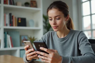 Femme comparant un Google Pixel et un Samsung Galaxy côte à côte dans un bureau moderne