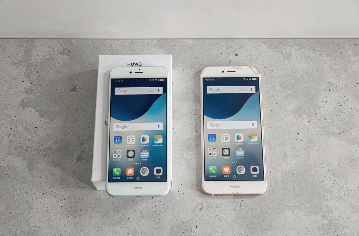 Comparaison côte à côte d'un Huawei P10 Lite neuf et reconditionné sur surface en béton gris