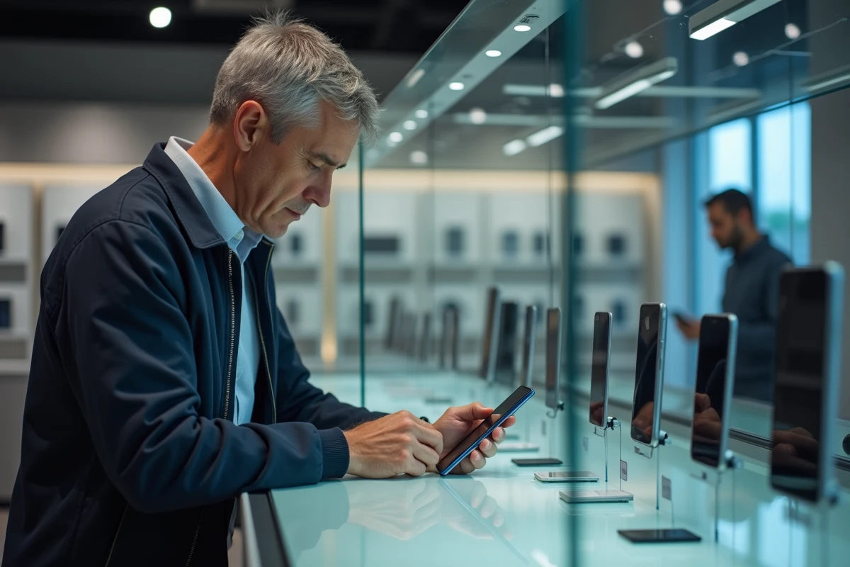 Homme comparant des smartphones reconditionnés dans une boutique de revente électronique