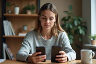 Jeune femme comparant la capacité de stockage de deux smartphones posés sur un bureau en bois, affichant les paramètres mémoire en Go