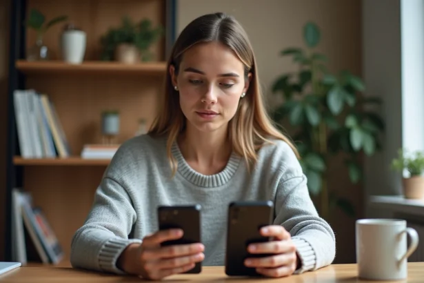 Jeune femme comparant la capacité de stockage de deux smartphones posés sur un bureau en bois, affichant les paramètres mémoire en Go