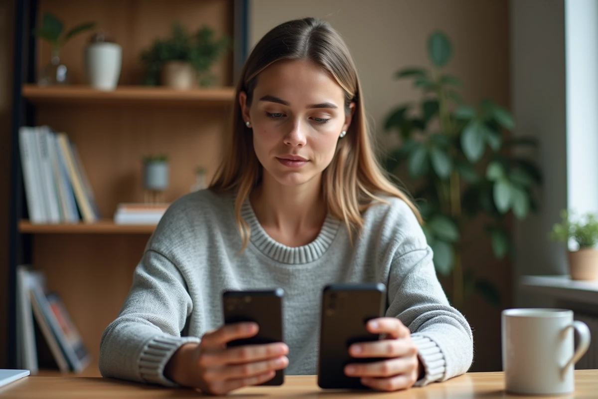 Jeune femme comparant la capacité de stockage de deux smartphones posés sur un bureau en bois, affichant les paramètres mémoire en Go