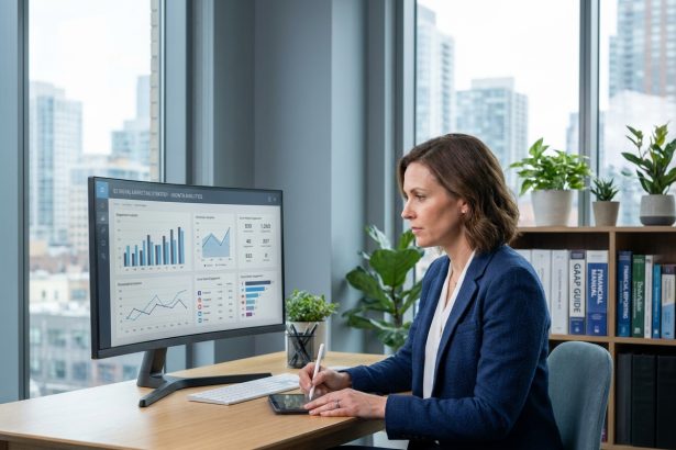 Comptable professionnelle analysant une stratégie de communication digitale sur un écran d'ordinateur dans un bureau moderne