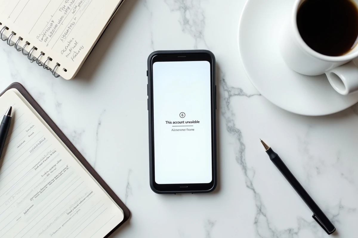 Vue de dessus d'un smartphone affichant un compte Instagram introuvable après signalement sur une table en marbre blanc