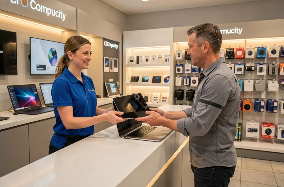 Conseillère Compucity remettant un ordinateur portable réparé à un client satisfait au comptoir