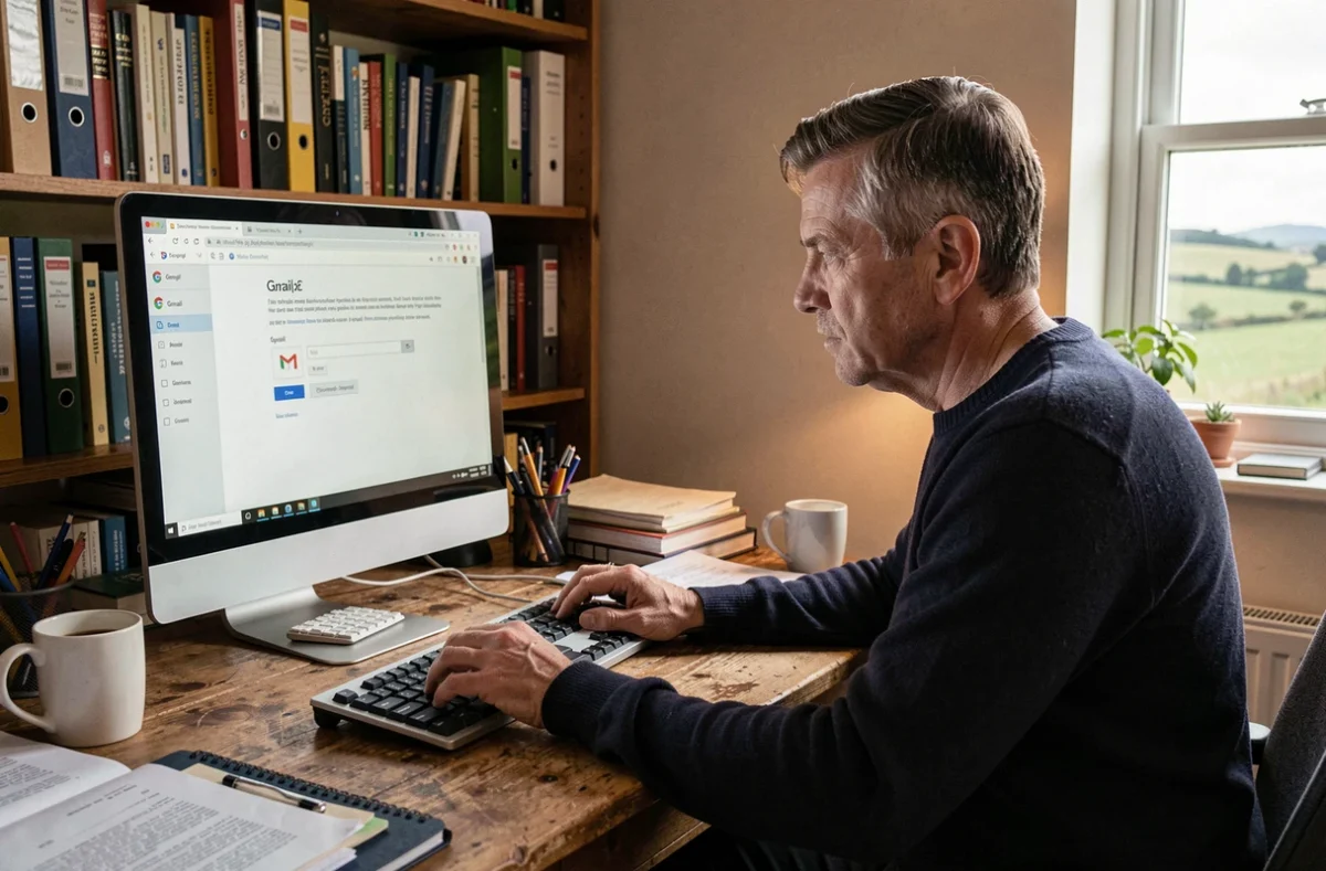 Homme configurant un compte Gmail sur ordinateur de bureau à domicile en Normandie