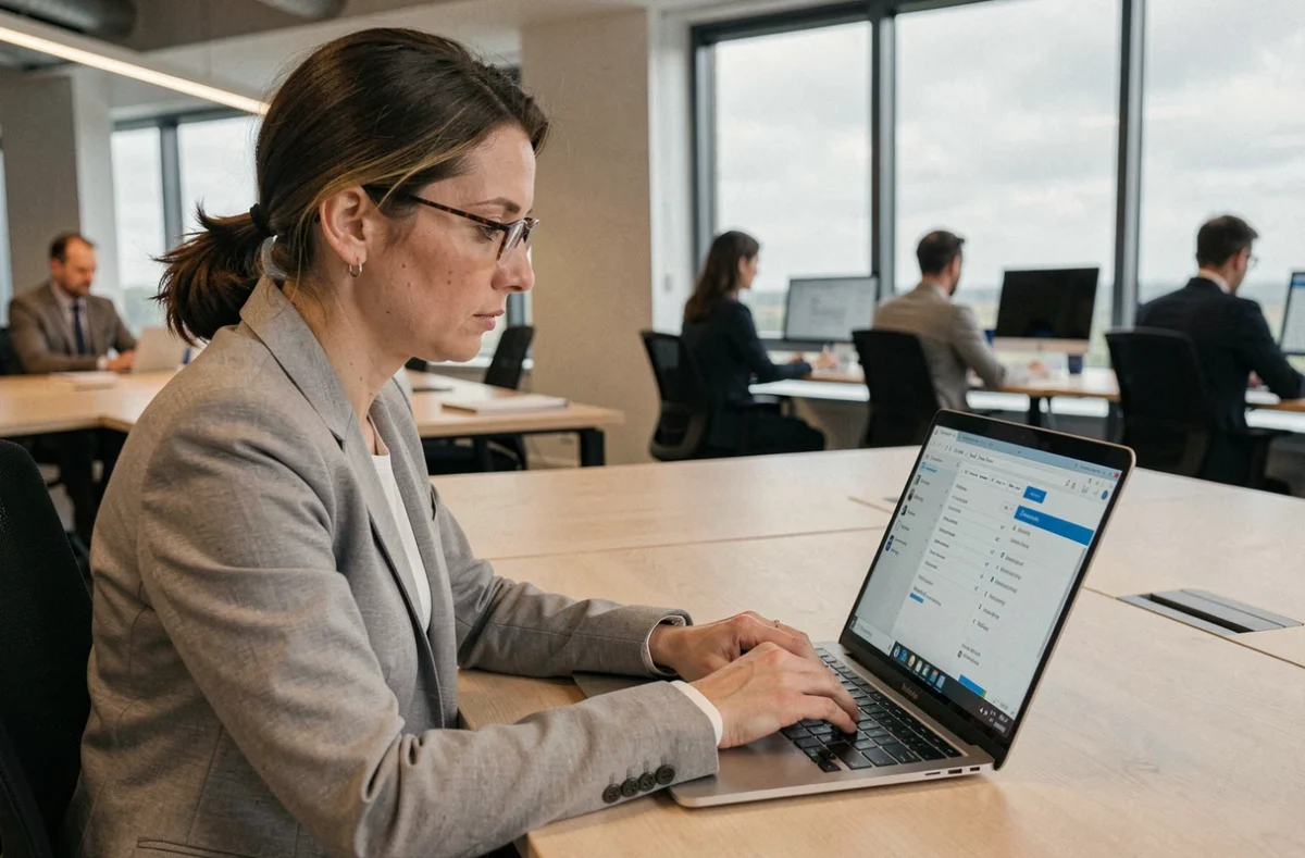 Femme configurant sa messagerie Mel ouvert Normandie sur Outlook dans un bureau moderne