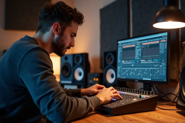 Ingénieur du son configurant un mixeur StudioLive 16.0.2 USB connecté à un ordinateur avec le logiciel Virtual StudioLive ouvert