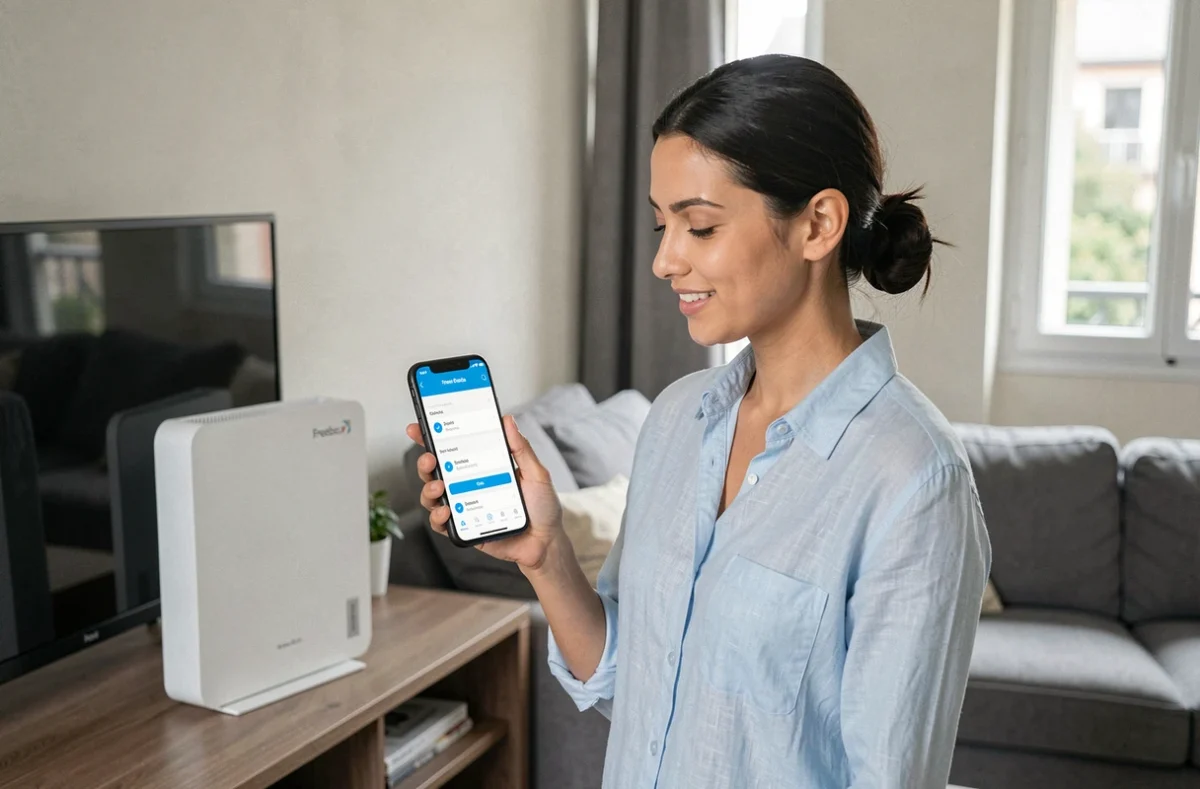 Femme consultant les paramètres WiFi sur son smartphone à côté d'une Freebox Delta dans un salon moderne