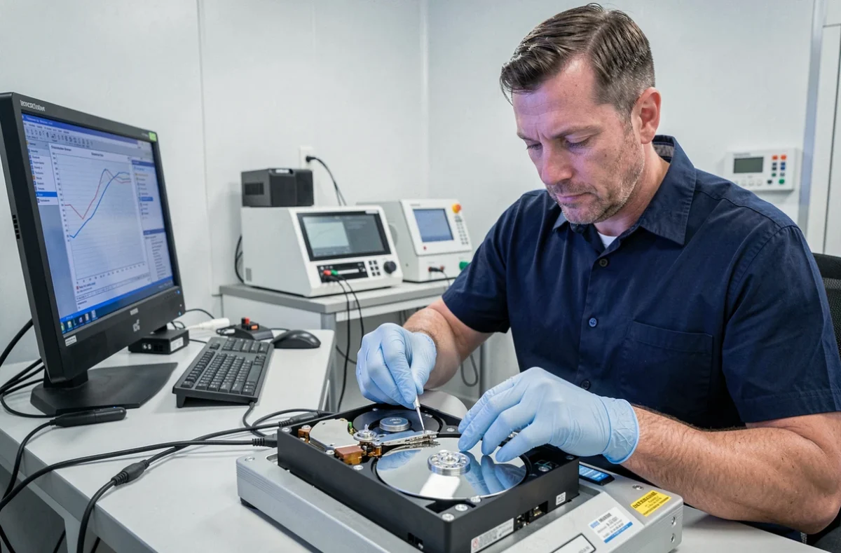 Spécialiste en récupération de données de Dafotec manipulant un disque dur dans une salle blanche à Lille