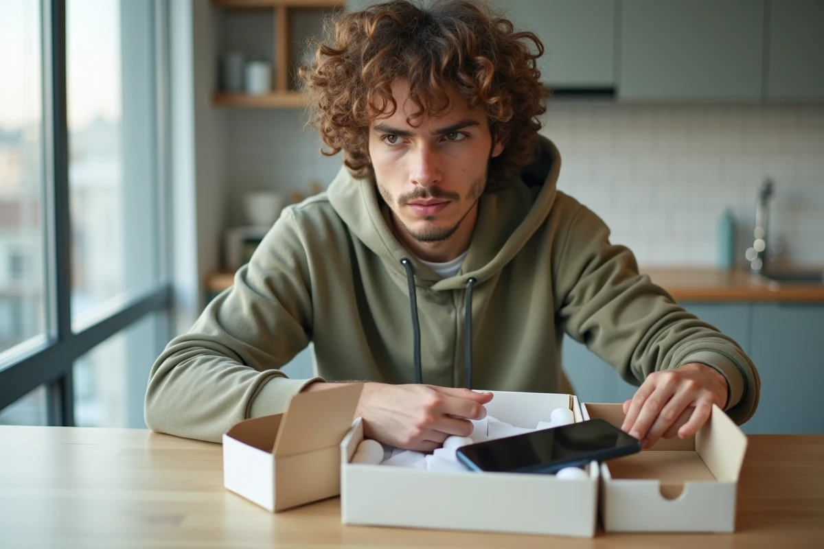 Jeune homme déballant un iPhone 14 Pro reconditionné livré dans son emballage d'origine simplifié