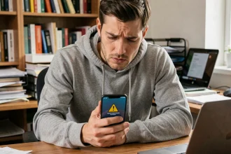 Homme tenant un smartphone Android affichant un écran de verrouillage avec avertissement, assis à un bureau en bois dans un bureau à domicile