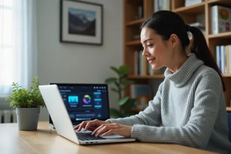 Femme débutante découvrant une plateforme d'intelligence artificielle sur son ordinateur portable dans un bureau moderne