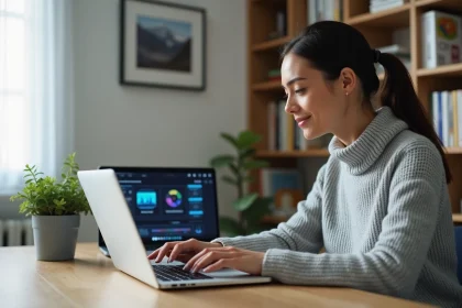 Femme débutante découvrant une plateforme d'intelligence artificielle sur son ordinateur portable dans un bureau moderne