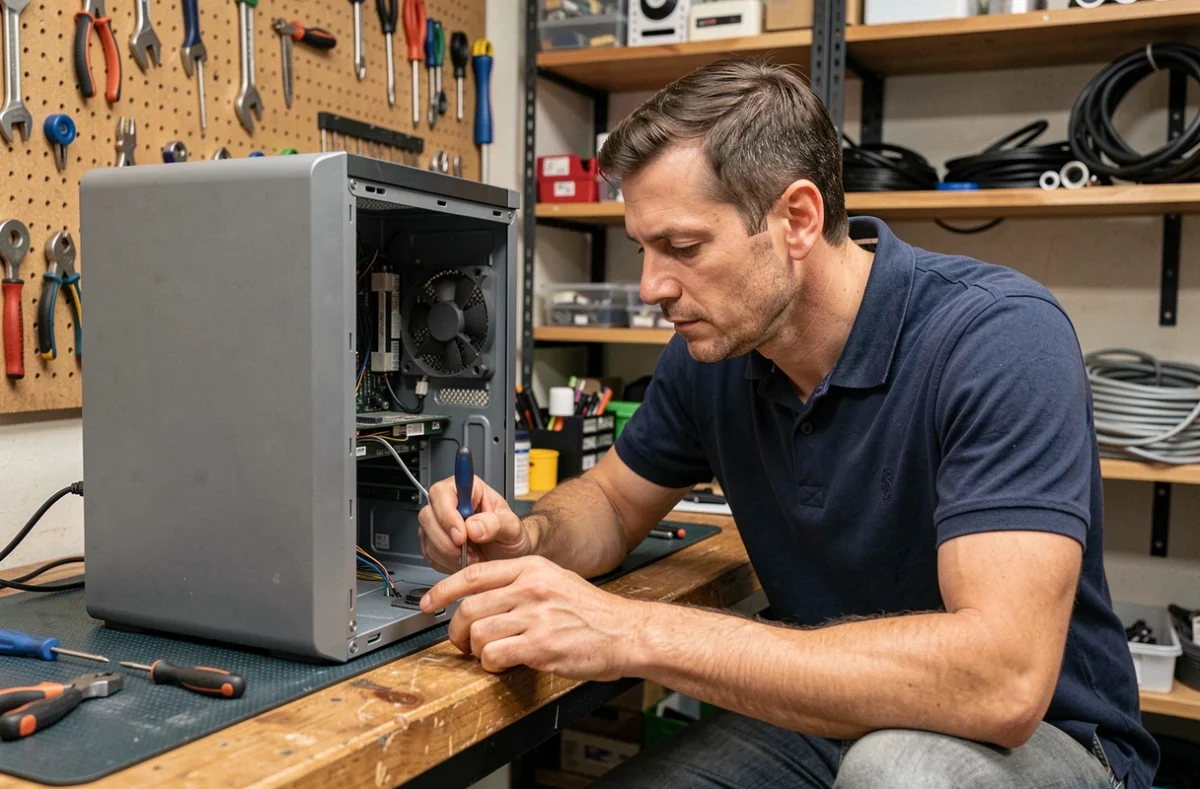 Technicien en train de réparer un ordinateur de bureau dans l'atelier de Depaninformatique dans l'Hérault