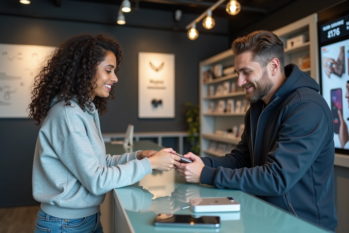 Cliente déposant son téléphone cassé à un technicien dans une boutique de réparation smartphone pas cher à Montpellier