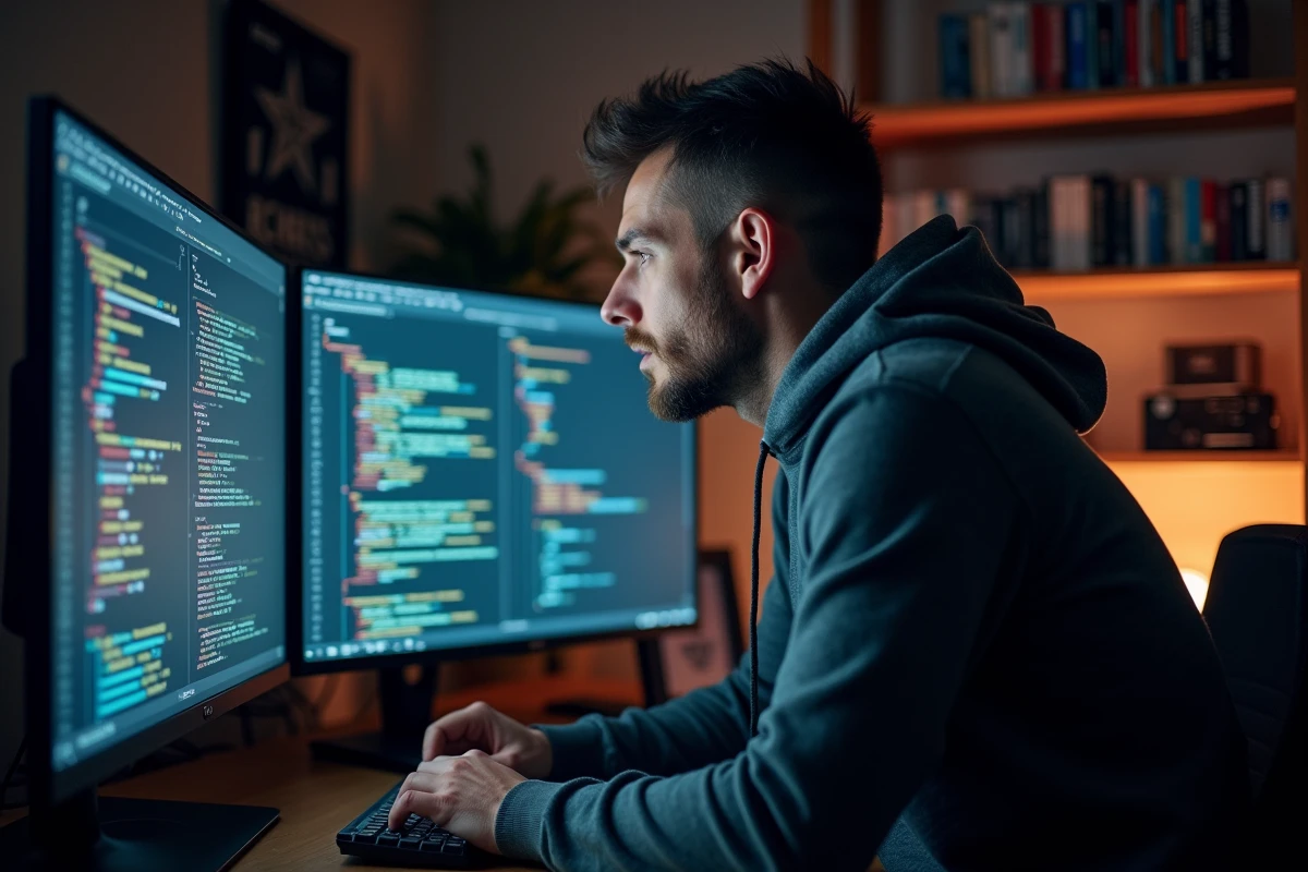 Développeur informatique travaillant sur la normalisation de bases de données avec des schémas SQL et des relations de clés étrangères affichés sur un grand moniteur ultrawide