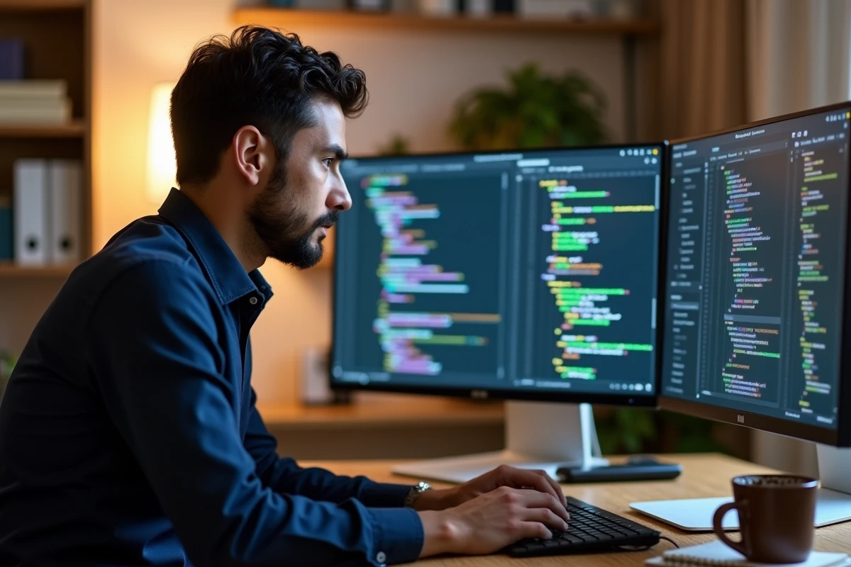 Développeur VBA concentré écrivant une macro complète avec une boucle For dans Microsoft Excel sur un grand moniteur de bureau