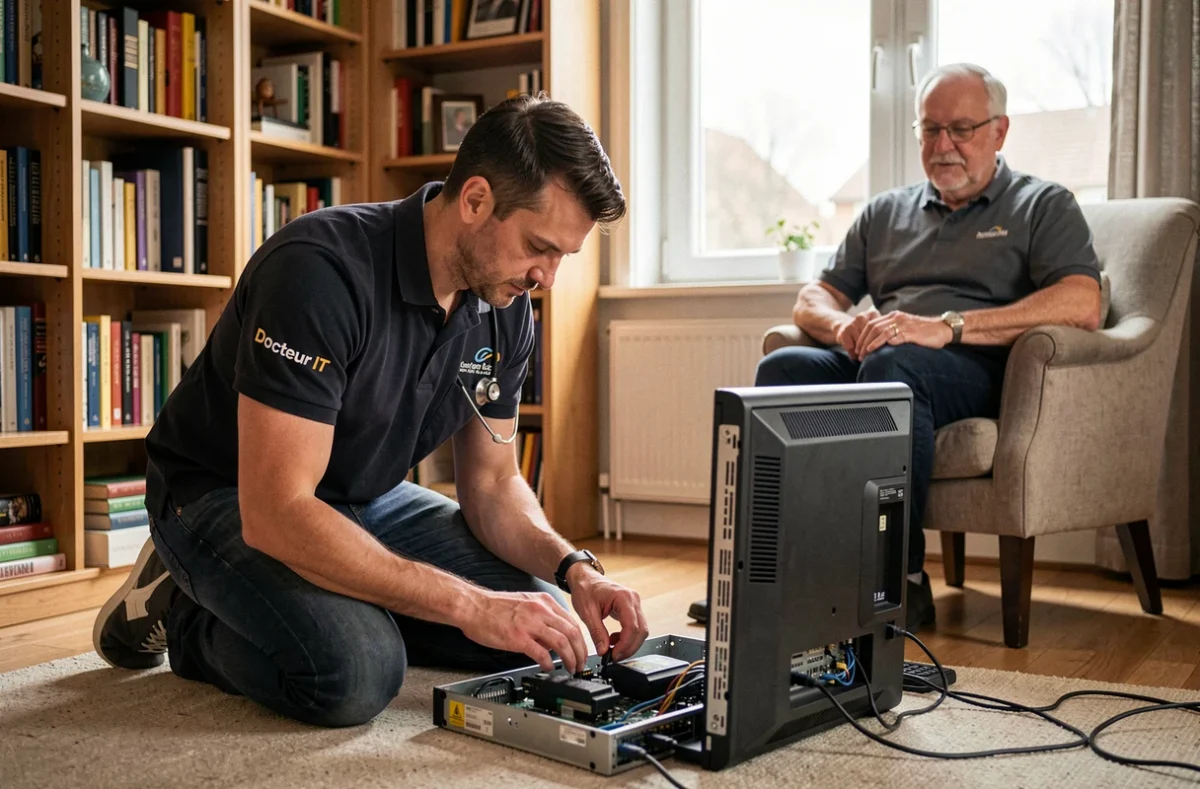 Technicien de Docteur IT réparant un ordinateur de bureau au domicile d'un client à Lille