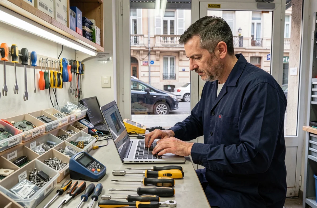 Atelier de réparation informatique Docteur IT Marseille avec technicien diagnostiquant un ordinateur portable
