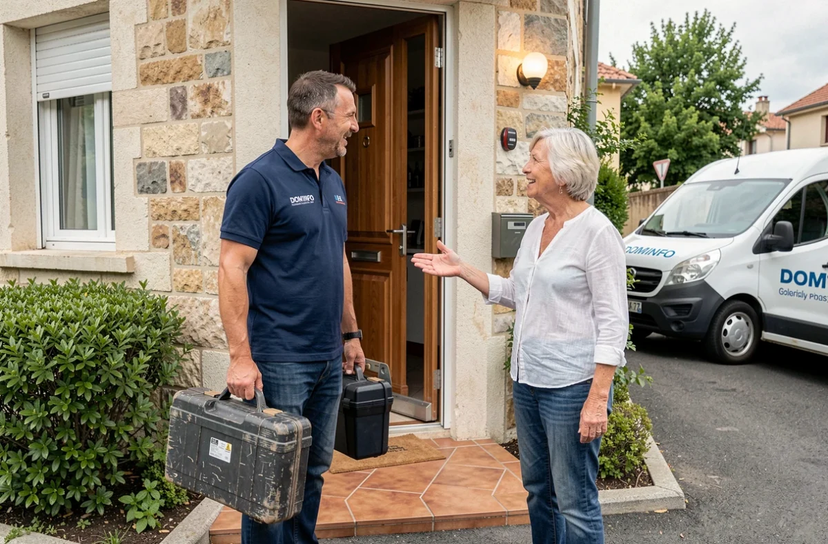 Technicien DOM'INFO en intervention à domicile discutant avec une cliente à l'entrée de sa maison