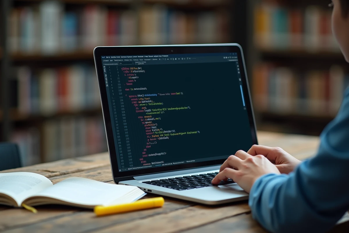 Écran d'ordinateur portable affichant le code VBA d'une boucle For dans un éditeur Visual Basic, posé sur une table de bibliothèque universitaire