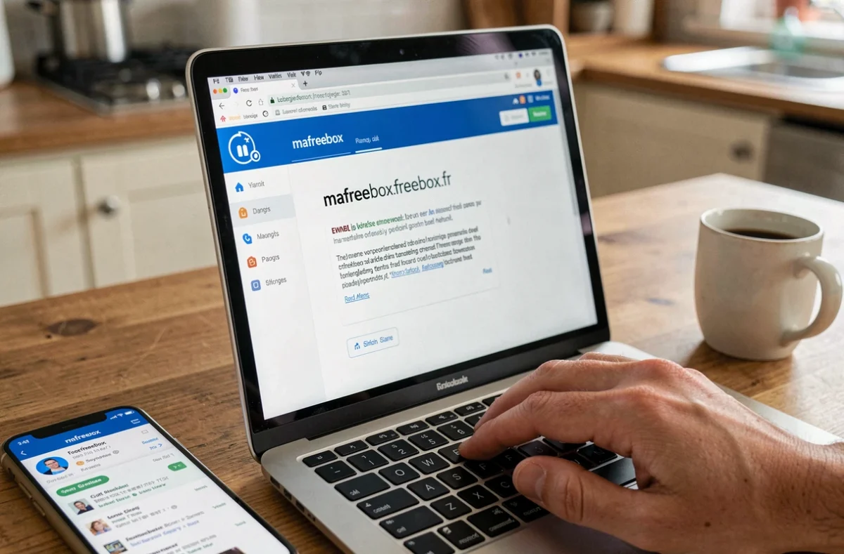 Écran d'ordinateur affichant une erreur sur le portail mafreebox.freebox.fr avec une main sur le clavier lors d'un dépannage