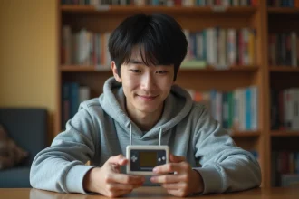 Jeune homme jouant sur une console portable Game Boy Advance dans une chambre cosy, illustrant les émulateurs GBA Pokémon en français